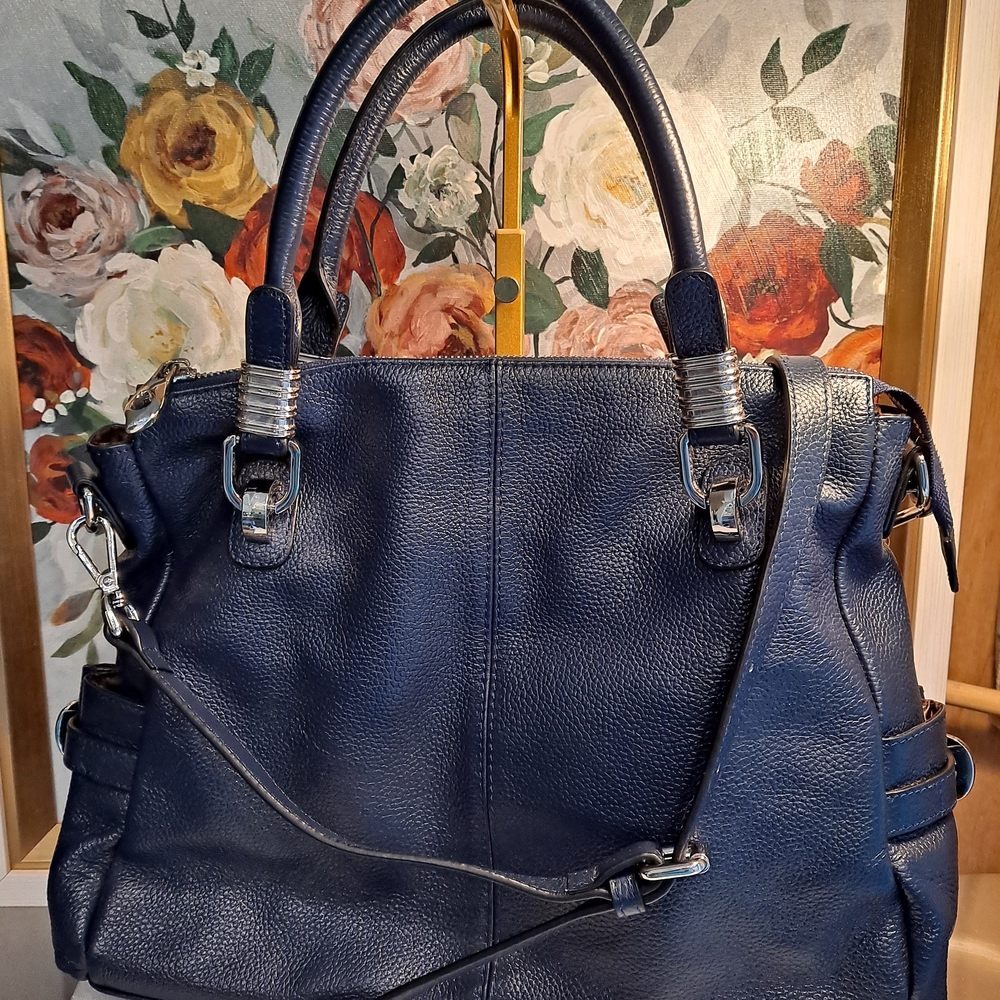 SZone Navy Pebbled Soft Leather Satchel Crossbody Handbag with Silver Hardware